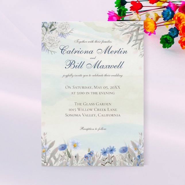 Blue Floral Spring Garden Wedding Invitation Einladung (Von Creator hochgeladen)