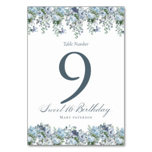 Blue Floral Sweet 16 Anniversaire Numéro de table