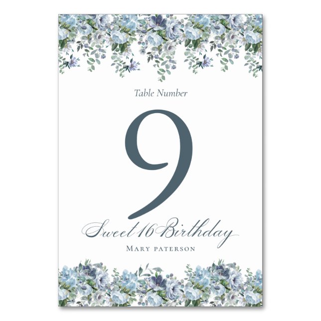 Blue Floral Sweet 16 Geburtstag Tischnummer (Vorderseite)