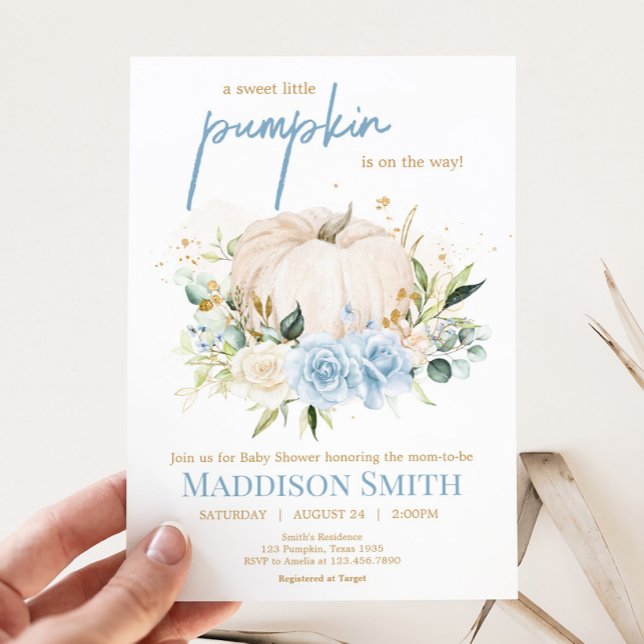 Blue Floral Sweet Little Pumpkin Baby Dusche Einladung (Sweet Floral Little Pumpkin Baby Shower Invitation
)