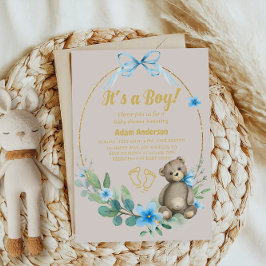Blue Floral Teddy Bear Es ist eine Baby-Dusche Einladung
