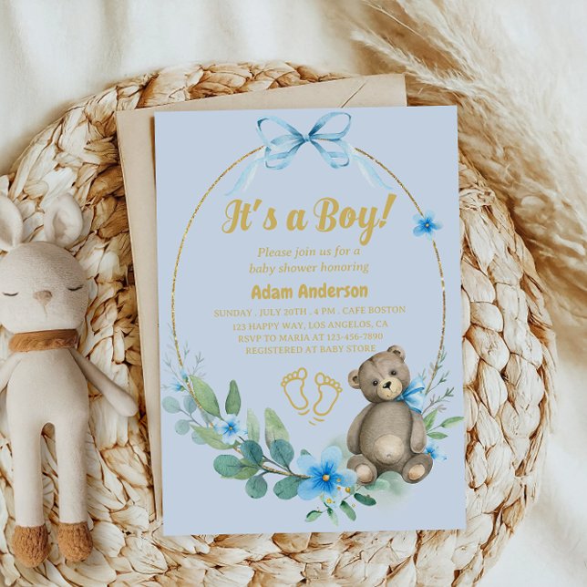 Blue Floral Teddy Bear Es ist eine Baby-Dusche Einladung (Von Creator hochgeladen)
