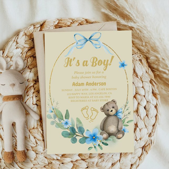 Blue Floral Teddy Bear Es ist eine Baby-Dusche Einladung (Von Creator hochgeladen)