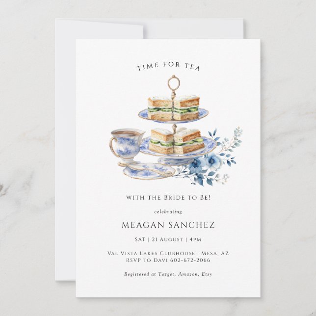 Blue Floral Tee Cup | Tea Sandwiches Brautparty Einladung (Vorderseite)