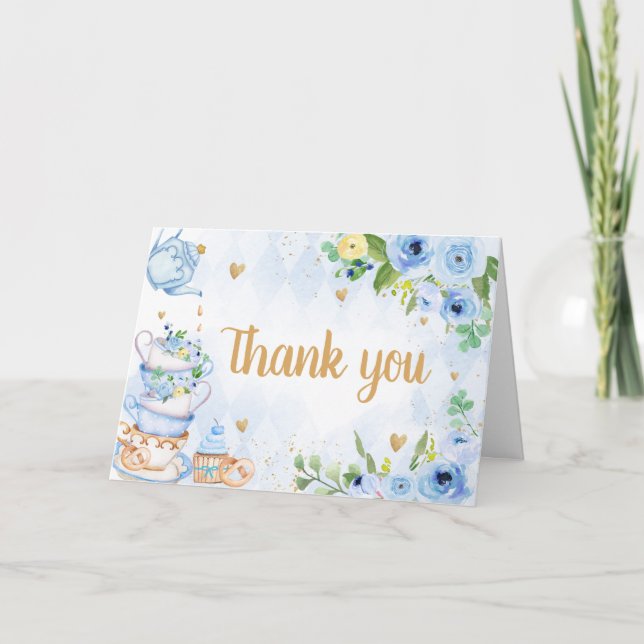 Blue Floral Tee Party Babydusche Dankeskarte (Vorderseite)