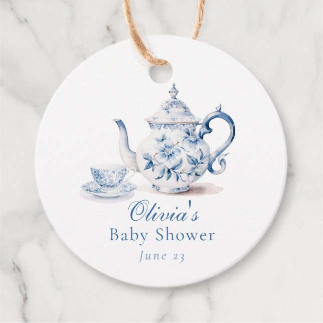 Blue Floral Tee Party Babydusche Geschenkanhänger (Vorderseite)