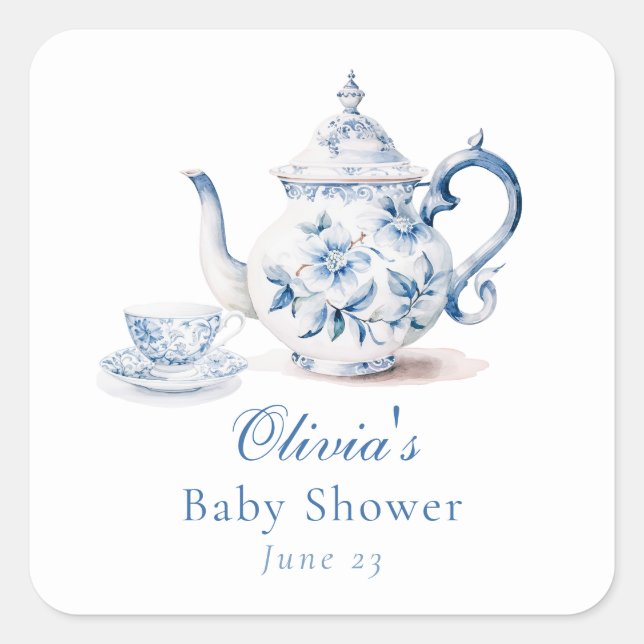Blue Floral Tee Party Babydusche Quadratischer Aufkleber (Vorderseite)