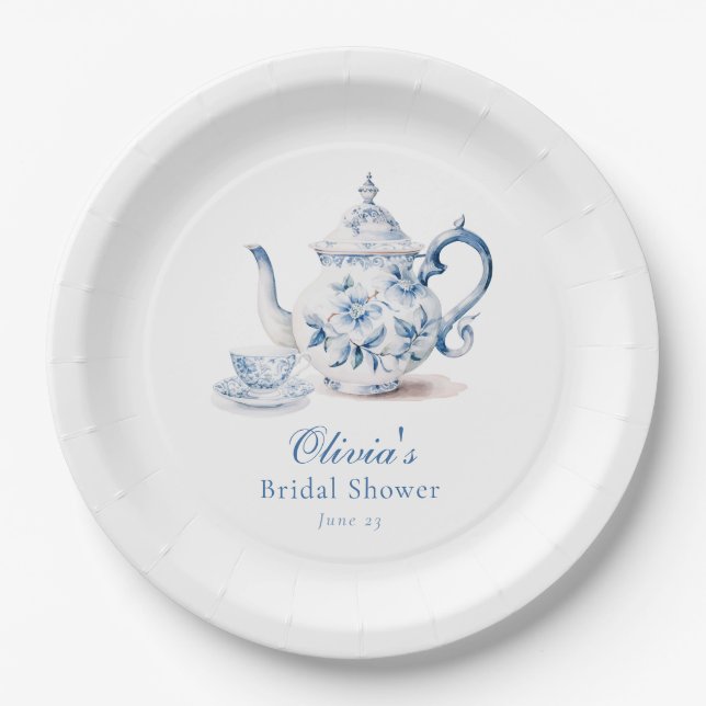 Blue Floral Tee Party Brautparty Pappteller (Vorderseite)