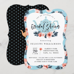 Blue Floral Tee Party Bridal Dusche Einladung