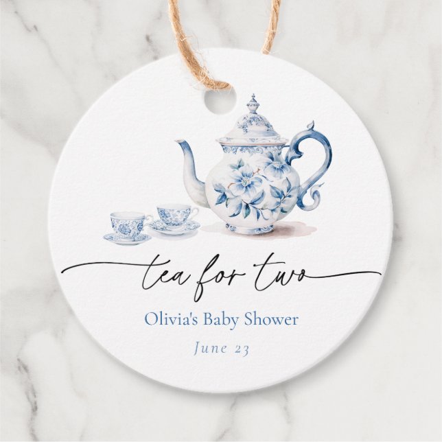 Blue Floral Tee Party Twin Baby Dusche Geschenkanhänger (Vorderseite)