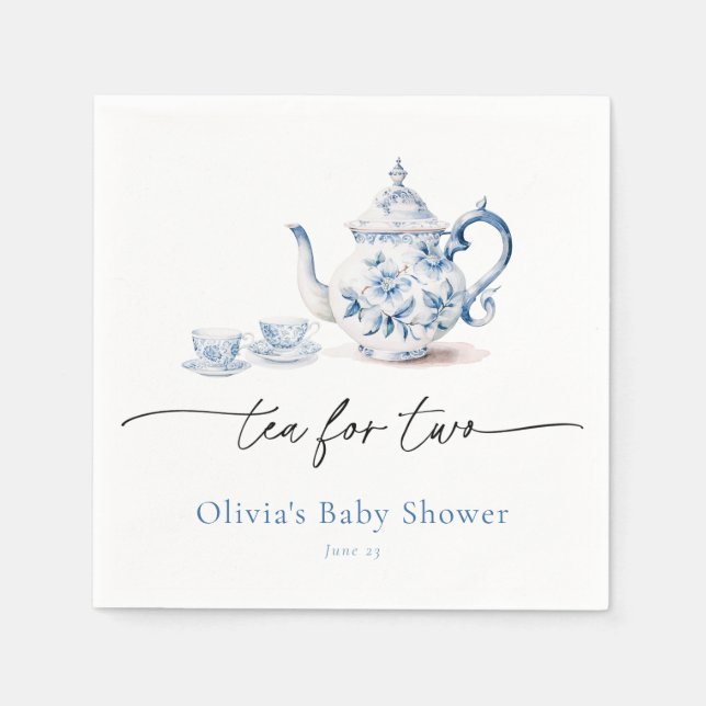 Blue Floral Tee Party Twin Baby Dusche Serviette (Vorderseite)