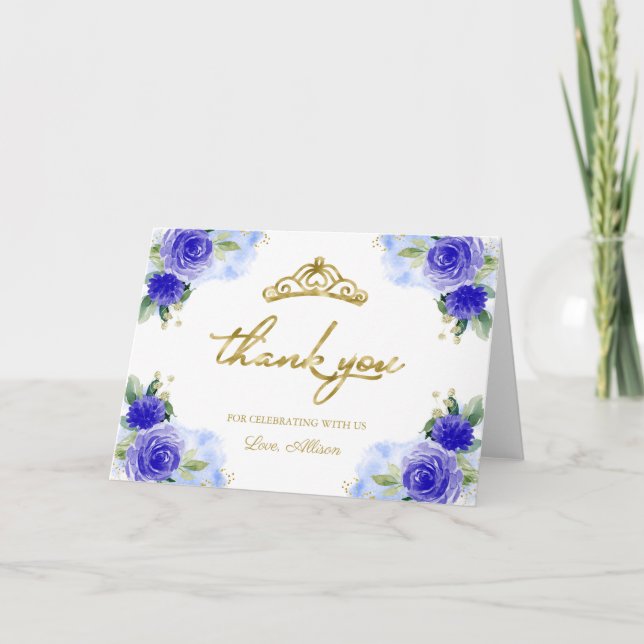 Blue Floral Tiara Quinceanera Vielen Dank Karte (Vorderseite)