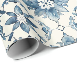Blue Floral Tile Pattern Gift Wrap Geschenkpapier