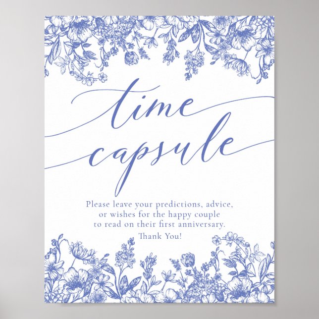 Blue Floral Time Kapsel Brautparty Spielzeichen Poster (Vorne)