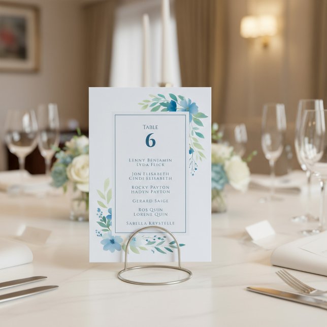 Blue Floral Tischnummer Seekarte (Blue Floral Table Number Seating Chart Card.)