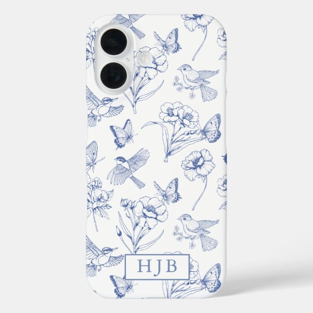 Blue Floral Toile Butterfly Monogram iPhone Case (Rückseite)