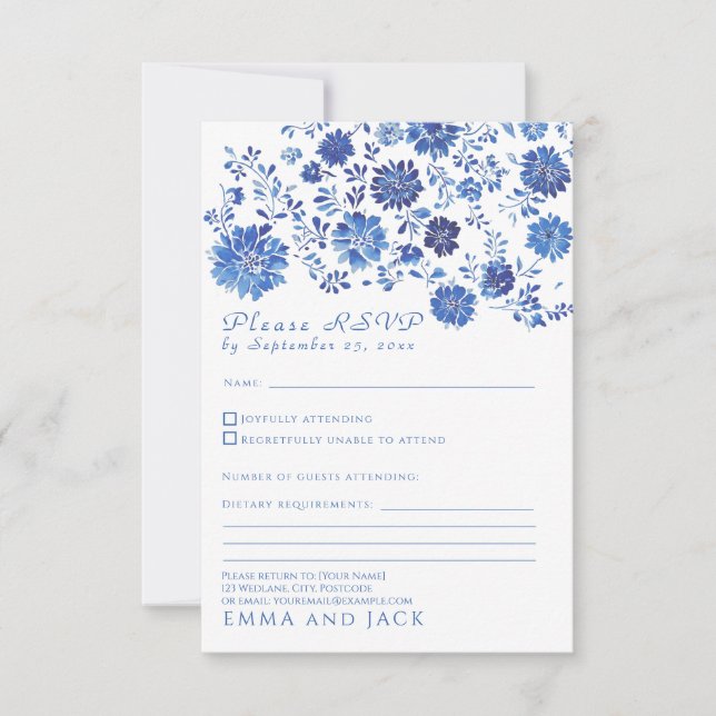 Blue Floral Toile style Wedding RSVP response Card (Vorderseite)