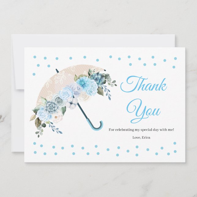 Blue Floral Umbrella Baby Dusche Danke Karte (Vorderseite)