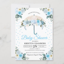 Blue Floral Umbrella Baby Dusche Einladung