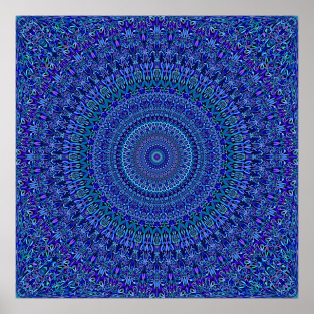 Blue Floral Verziert Mandala Poster (Vorne)
