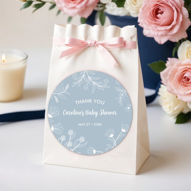 Blue Floral Vintag Baby Dusche Runder Aufkleber (Von Creator hochgeladen)