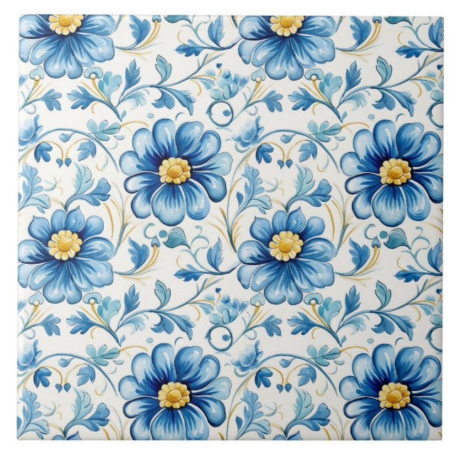 Blue Floral Vintage Elegant Fliese (Vorderseite)