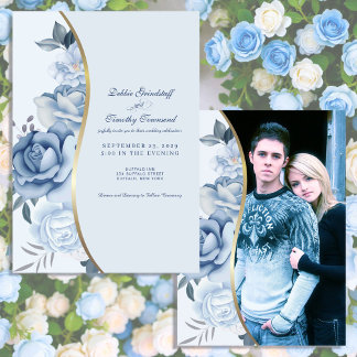 Blue Floral w/Custom Photo Wedding Invitation  Einladung