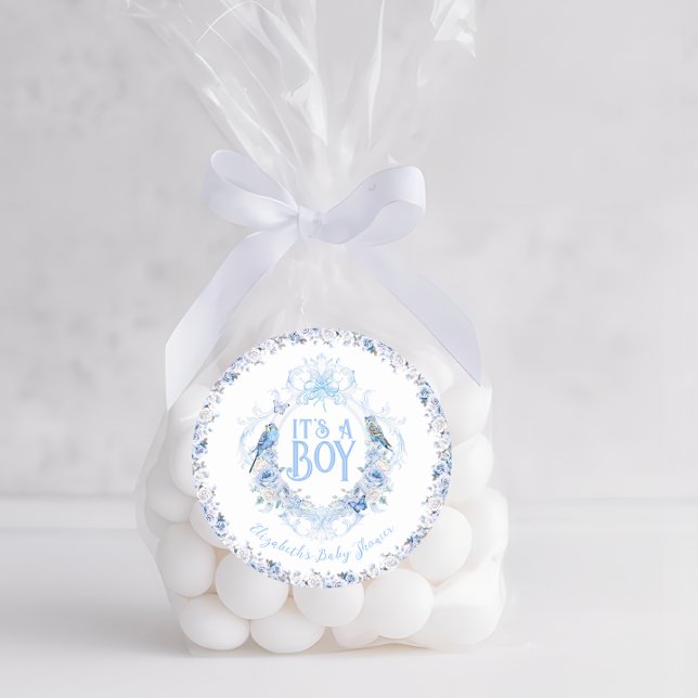 Blue Floral Wappen Bow Es ist eine Baby-Dusche Runder Aufkleber (Von Creator hochgeladen)