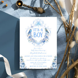 Blue Floral Wappen Es ist eine Baby-Dusche Einladung