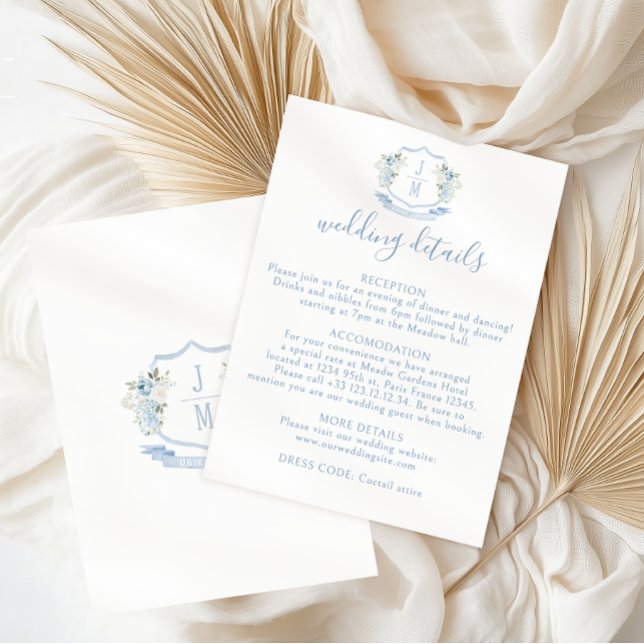 Blue Floral Wappen Monogram Wedding Details Card Begleitkarte (Von Creator hochgeladen)
