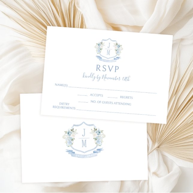 Blue Floral Wappen Monogram Wedding RSVP Cards (Von Creator hochgeladen)