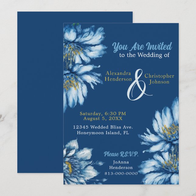Blue Floral Watercolor Blume personalizable Einladung (Vorne/Hinten)