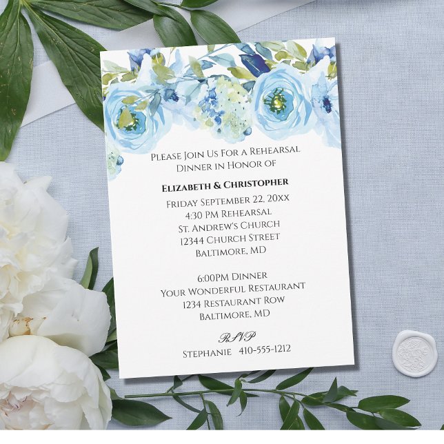 Blue Floral Watercolor Elegante Hochzeit-Probe Einladung (Von Creator hochgeladen)