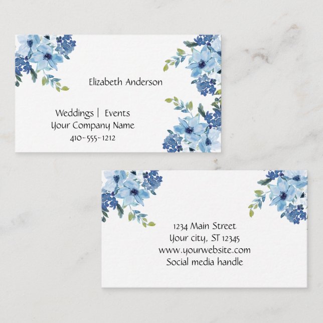 Blue Floral Watercolor Feminée Kleine Unternehmen Visitenkarte (Vorne/Hinten)