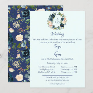 Blue Floral Watercolor Hindu Ganesh Wedding Einladung