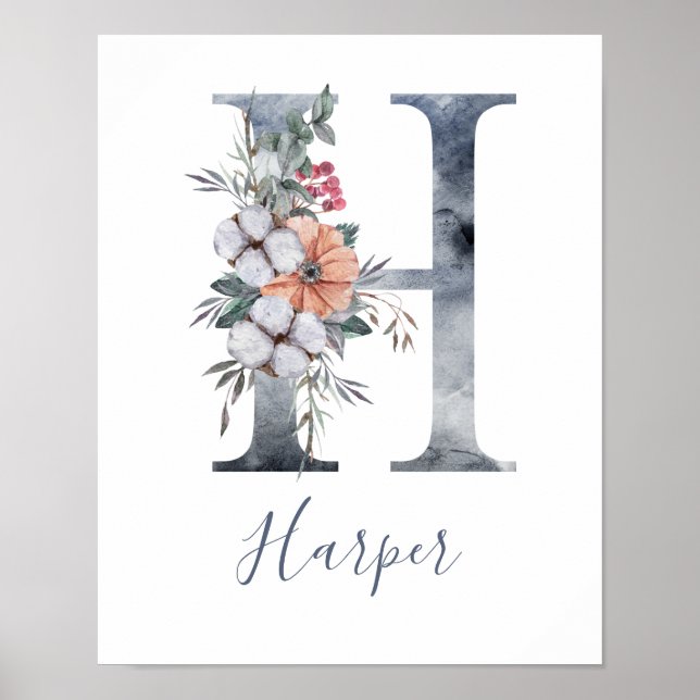 Blue Floral Watercolor Monogram H Name Poster (Vorne)