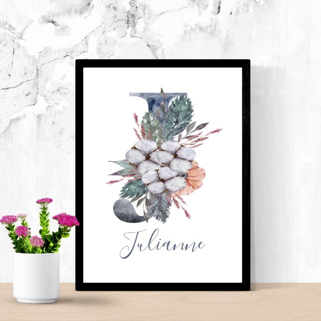 Blue Floral Watercolor Monogram J Name Poster (Blue White Peach Watercolor Floral Monogram J Personalized Name Wall Art)