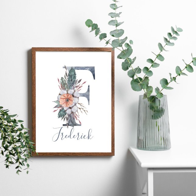 Blue Floral Watercolor Monogram Nachname Poster (Blue Peach White Watercolor Floral Monogram Letter F Wall Art)