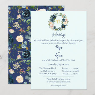 Blue Floral Watercolor Sikh Ik Onkar Wedding Einladung