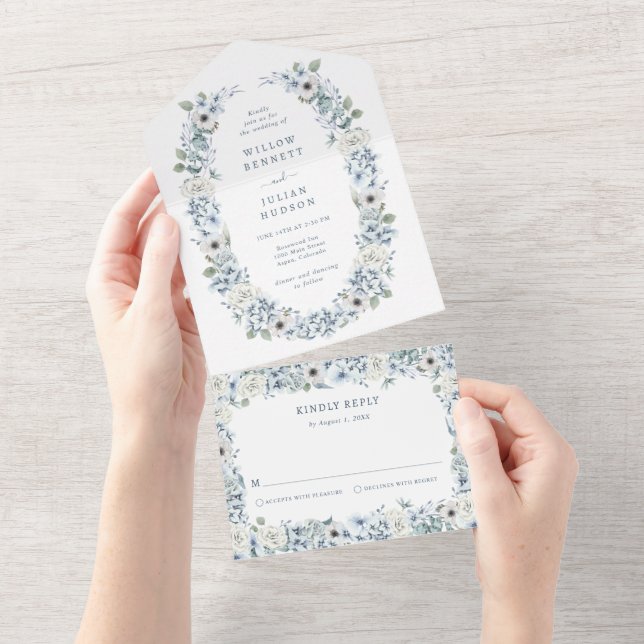 Blue Floral Wedding All In One Einladung (Abreißen)