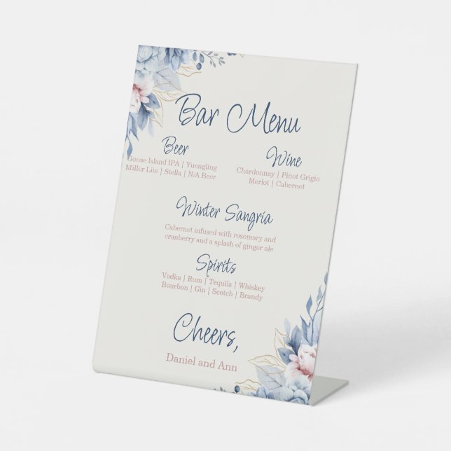Blue Floral Wedding Bar Sign Sockelschild (Vorderseite)
