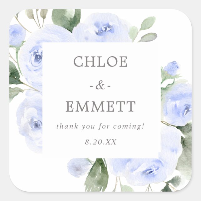 Blue Floral Wedding Cake Box Gefälligkeitsaufklebe Quadratischer Aufkleber (Vorderseite)