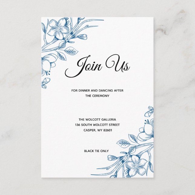 Blue Floral Wedding Card Begleitkarte (Vorderseite)