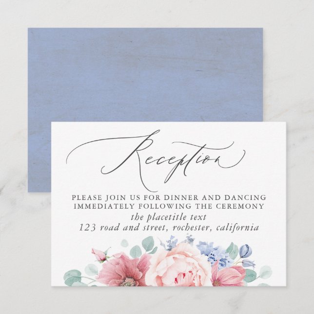 Blue Floral Wedding Card Begleitkarte (Vorne/Hinten)