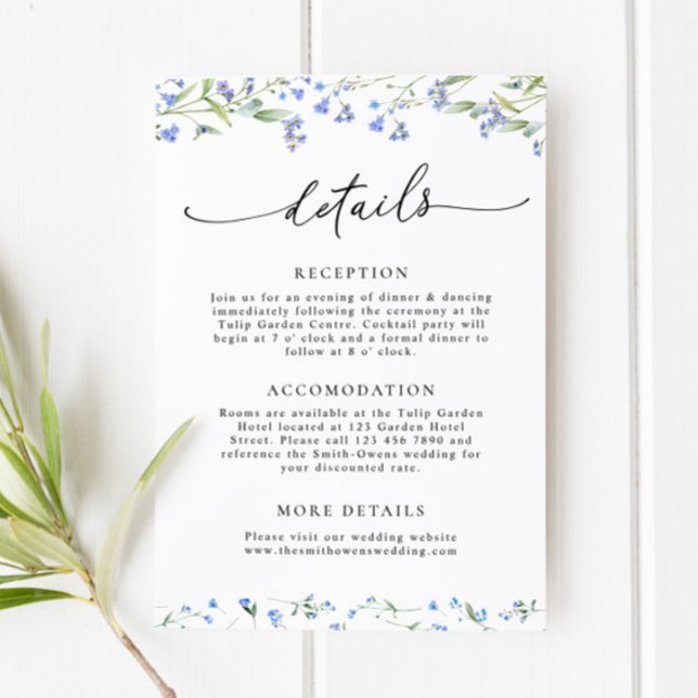 Blue Floral Wedding Details Umschließungskarte Begleitkarte (Von Creator hochgeladen)