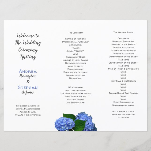 Blue Floral Wedding Folding Zeremonie Programm (Vorderseite)