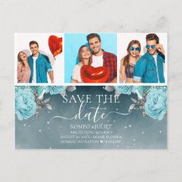 Blue Floral Wedding Foto Collage Save the Date Ankündigungspostkarte