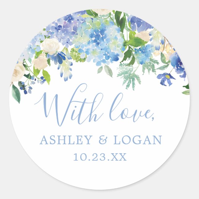 Blue Floral Wedding mit Liebe Gefallen Sticker (Vorderseite)