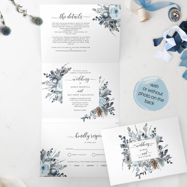 Blue Floral Wedding mit UAWG All in One Dreifach Gefaltete Einladung (Von Creator hochgeladen)