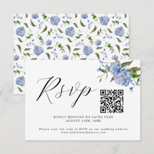 Blue Floral Wedding QR Code RSVP Card Karte